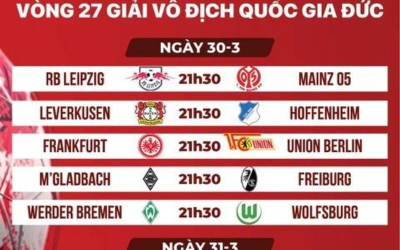 Lịch thi đấu bóng đá Đức - Bundesliga vòng 31-34